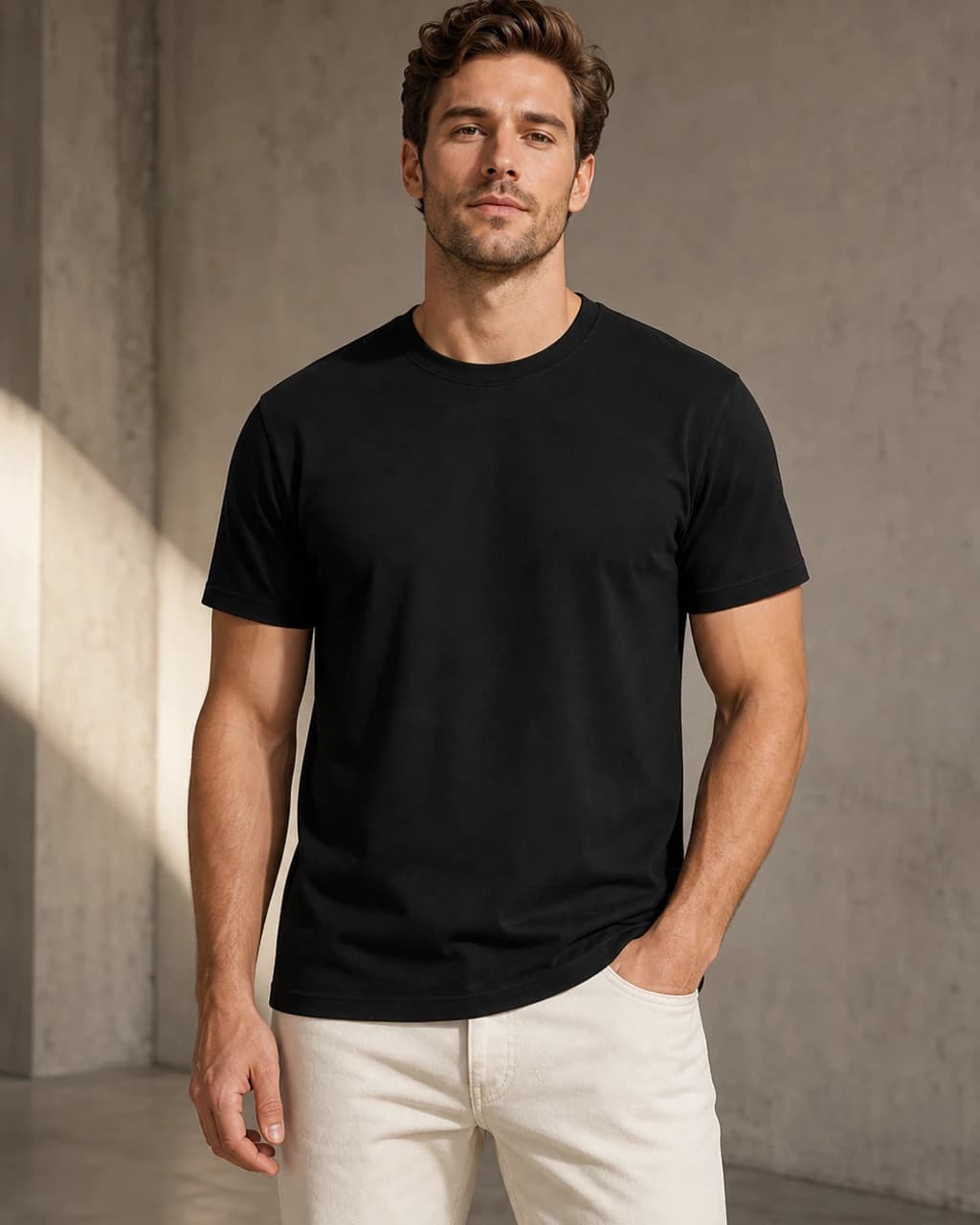 Model wearing Custom Men's Cotton T-Shirt
